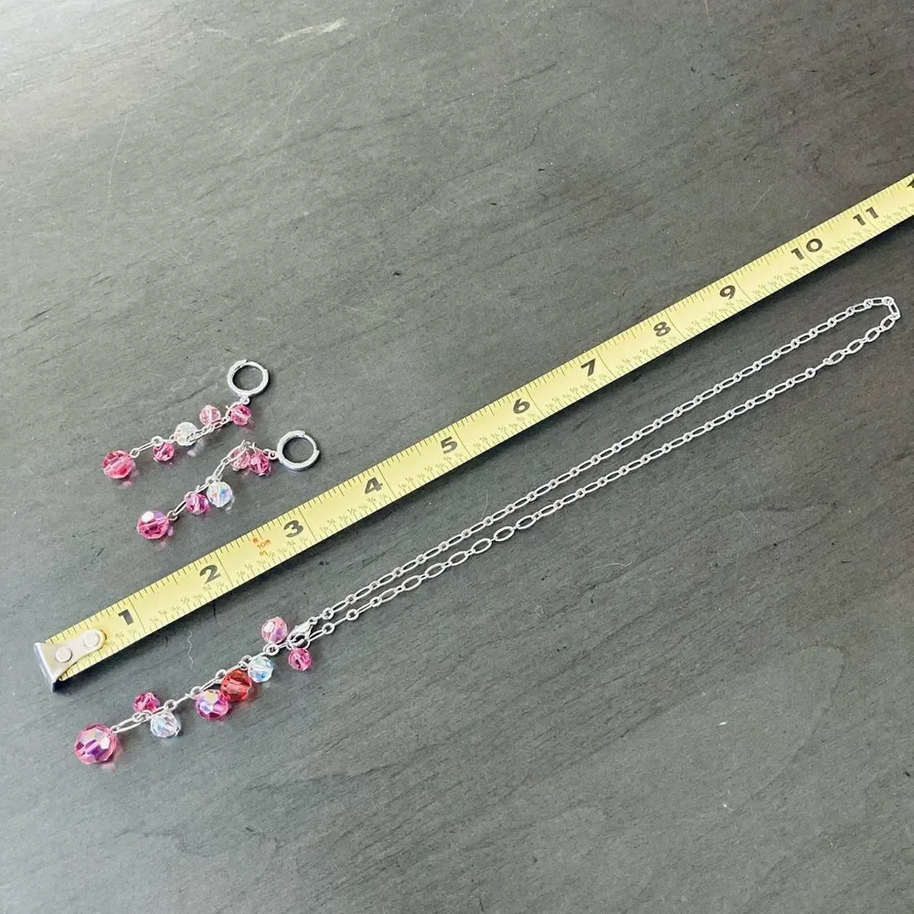 Pink Beaded Silver Chain Earrings Necklace Set